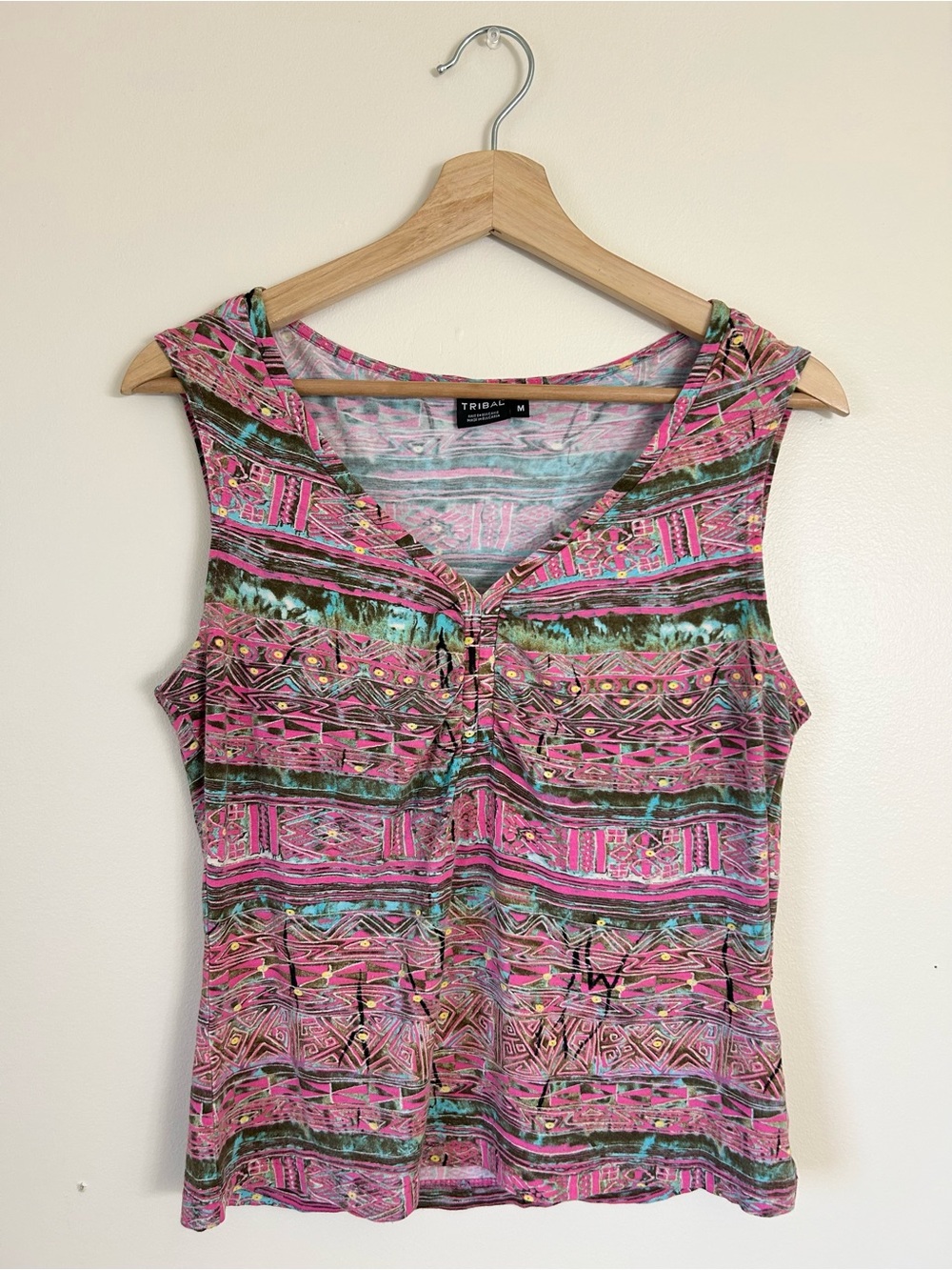 TRIBAL Abstract Henley Ruched V-Neck Wide Strap Tank Top